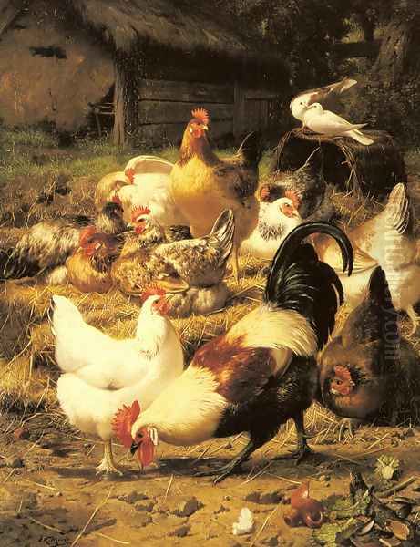 Poultry in a Farmyard Oil Painting by Eugene Remy Maes