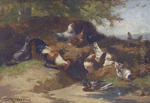 Cockerels and mallards on a sheltered bank Oil Painting by Eugene Remy Maes