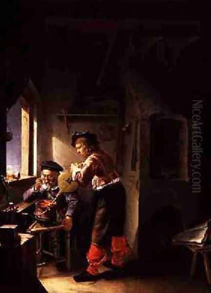 An Alchemist and his Assistant in their Workshop Oil Painting by Frans van Mieris