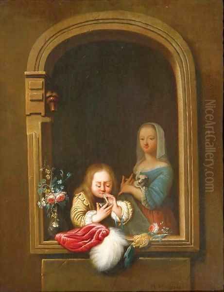 A boy in a window blowing bubbles, a girl with a dog in her arms behind Oil Painting by Frans van Mieris