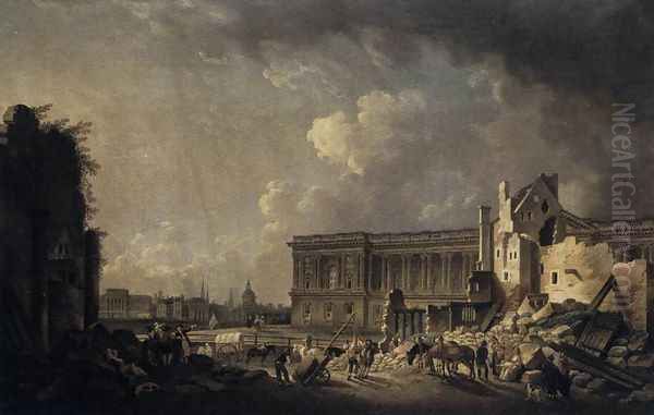 Clearing the Area in front of the Louvre Colonnade (2) c. 1760 Oil Painting by Pierre-Antoine de Machy