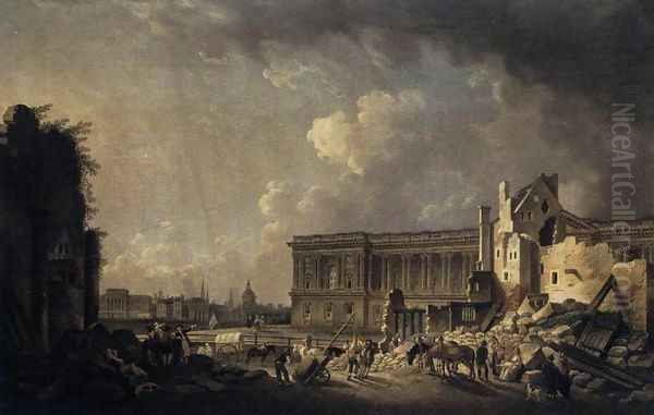 Clearing the Area in front of the Louvre Colonnade Oil Painting by Pierre-Antoine de Machy