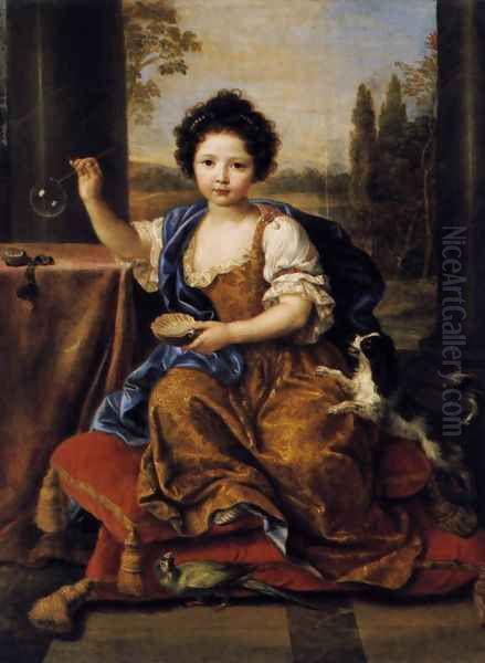 Girl Blowing Soap Bubbles 1674 Oil Painting by Pierre Mignard