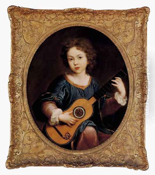 A Young Girl Playing A Guitar Oil Painting by Pierre Mignard