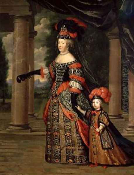 Maria Theresa 1638-83 wife of Louis XIV with her son the Dauphin Louis of France 1661-1711 after 1661 Oil Painting by Pierre Mignard