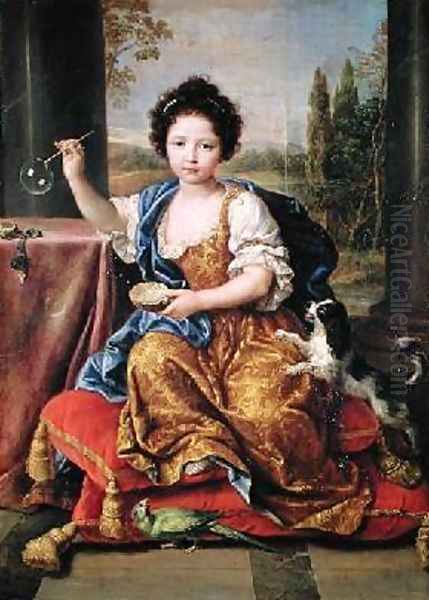 Marie-Anne de Bourbon 1666-1739 Mademoiselle de Blois Blowing Soap Bubbles Oil Painting by Pierre Mignard