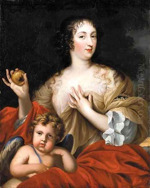 Portrait of a lady as Venus, three-quarter-length, seated, in a white dress with a red mantle, holding a golden apple, with Cupid beside her Oil Painting by Pierre Mignard