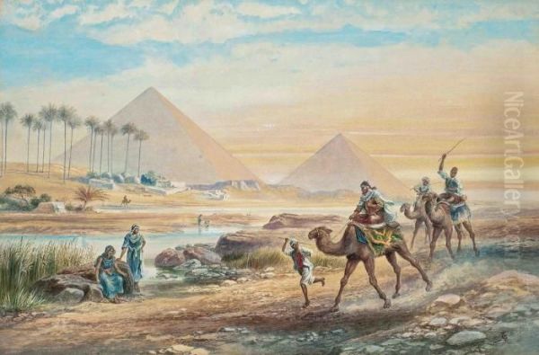 Camels At The Pyramids Of Giza Oil Painting by Frederick Goodall