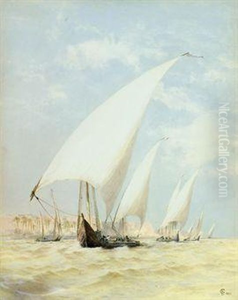 Feluccas On The Nile In A Stiff Breeze Oil Painting by Frederick Goodall