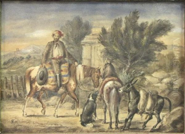 Man On A Horse With A Donkey And A Dog Oil Painting by Frederick Goodall