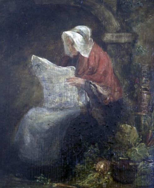 Vegetable Seller Reading A Newspaper Oil Painting by Frederick Goodall