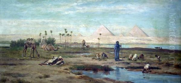 Goatherd With Pyramids Beyond Oil Painting by Frederick Goodall