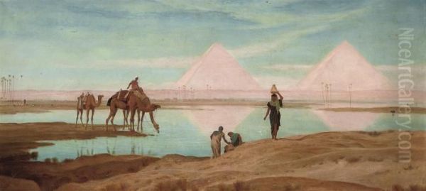 Watering Camels On The Nile, The Pyramids Beyond Oil Painting by Frederick Goodall