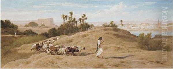 A Shepherdess And Sheep By The Nile At Cairo by Frederick Goodall