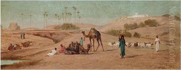 Figures With Sheep And Camels In The Desert Oil Painting by Frederick Goodall