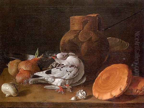 Still Life with Pigeons, Onions, Bread and Kitchen Utensils 1772 Oil Painting by Luis Eugenio Melendez