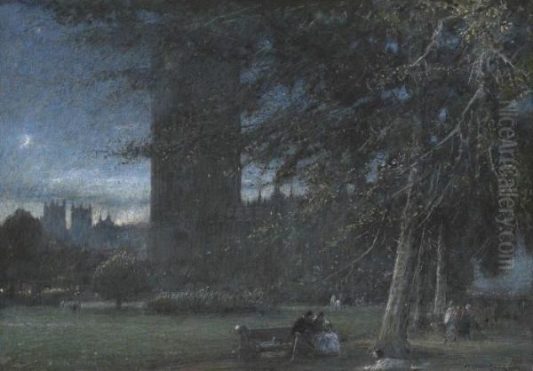 Figures Beneath The Palace Of Westminster At Dusk Oil Painting by Albert Goodwin