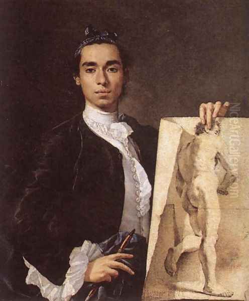 Portrait of the Artist Holding a Life Study Oil Painting by Luis Eugenio Melendez