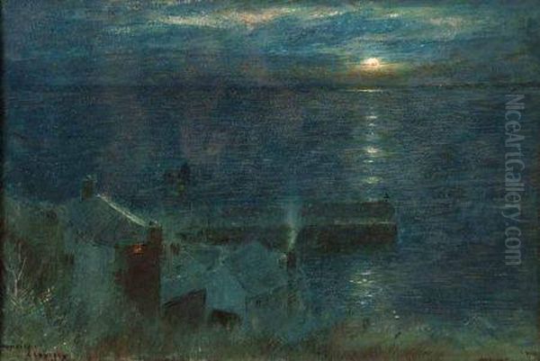 Moonrise Clovelly Oil Painting by Albert Goodwin