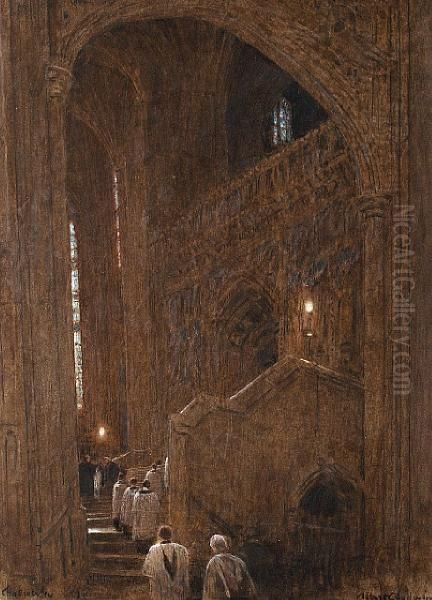 Interior Of Canterbury Cathedral Oil Painting by Albert Goodwin