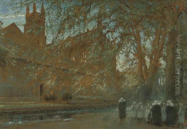 Warden's Garden Of Winchester College, With The Chapel Beyond Oil Painting by Albert Goodwin