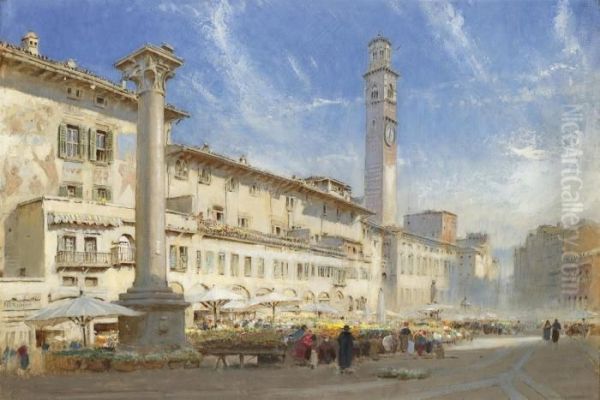 The Flower Market In The Piazza Delle Erbe, Verona, Italy Oil Painting by Albert Goodwin