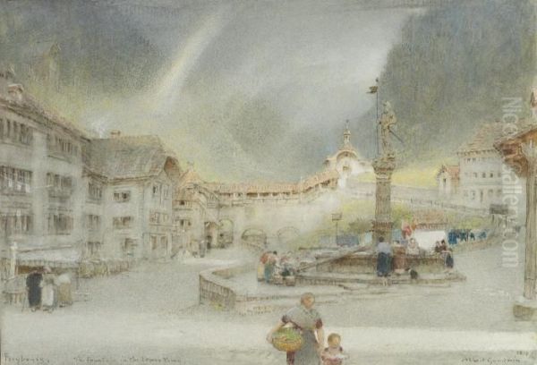 Fribourg, The Fountain In The Lower Town, Switzerland Oil Painting by Albert Goodwin