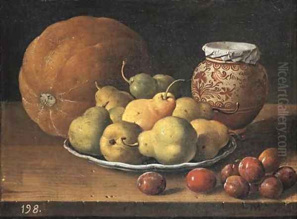 Pears on a plate, a melon, plums, and a decorated Manises jar with plums on a wooden ledge Oil Painting by Luis Eugenio Melendez