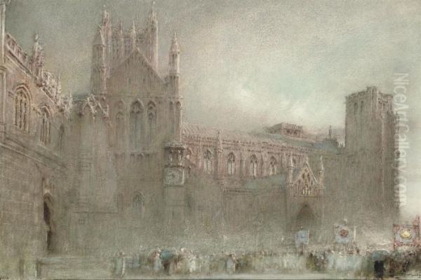 A Procession By The North Porch Of Wells Cathedral, Somerset Oil Painting by Albert Goodwin