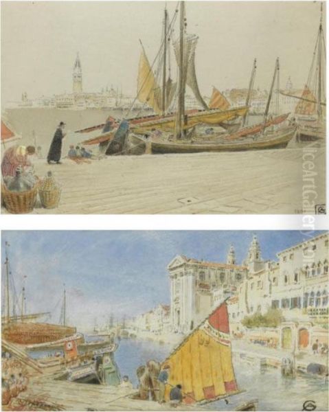 The Church Of The Jesuits, 
Venice; Venetian Boats, From The Englishgarden; Venetian Fishing Boats Oil Painting by Albert Goodwin