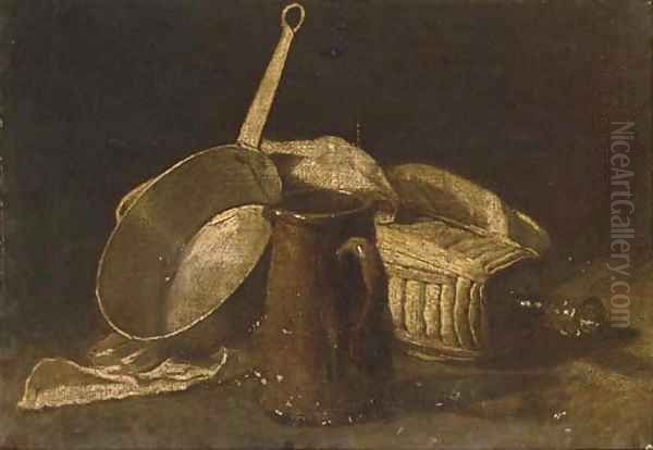 A jug, a saucepan and a glass bottle on a partly draped table Oil Painting by Luis Eugenio Melendez