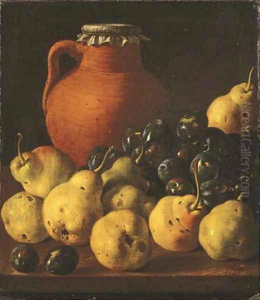 An earthenware pitcher with pears and plums on a wooden table ledge Oil Painting by Luis Eugenio Melendez