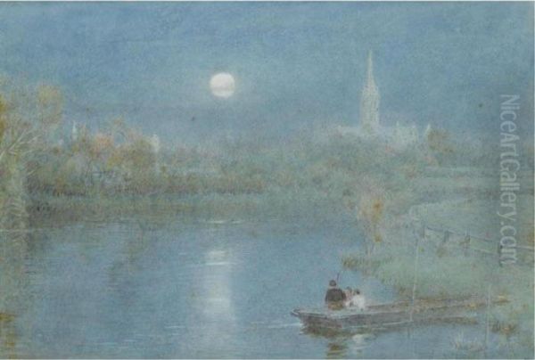 Figures Boating Before Salisbury Cathedral In The Moonlight Oil Painting by Albert Goodwin