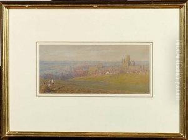 Durham City With Harvesters In The Fields In The Foreground Oil Painting by Albert Goodwin