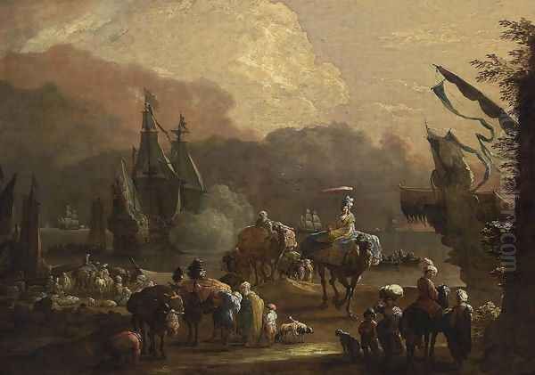 A Mediterranean Harbour Scene 1670s Oil Painting by Hendrik van Minderhout