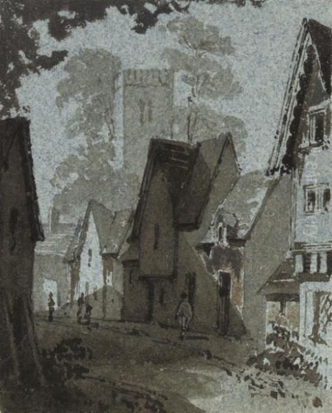 Figures Outside Amberley Church Oil Painting by Albert Goodwin