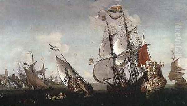 The Eendracht and other shipping off a Dutch port Oil Painting by Hendrik van Minderhout