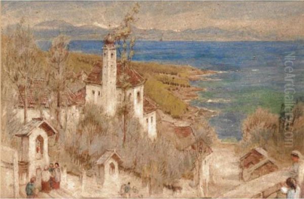 Italian Coastal Village Oil Painting by Albert Goodwin