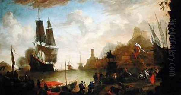 View of an Italian Port Oil Painting by Hendrik van Minderhout