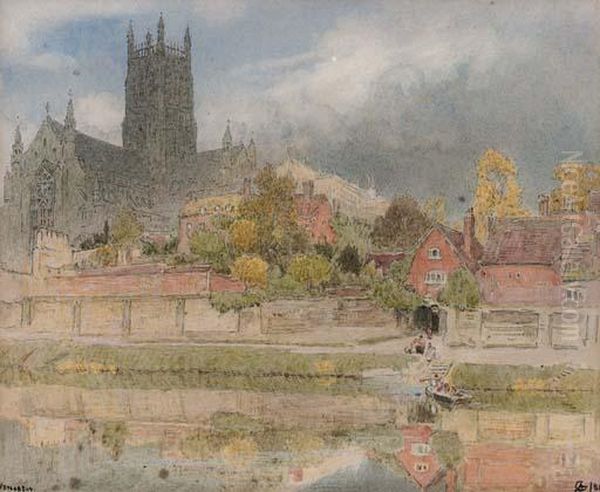 Worcester Cathedral From The River Severn Oil Painting by Albert Goodwin