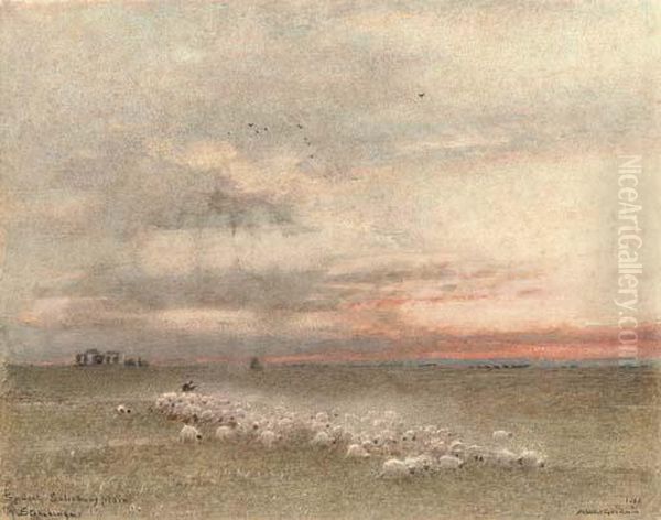 Sunset, Salisbury Plain, Stonehenge Oil Painting by Albert Goodwin