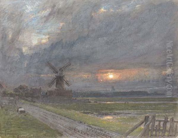 Cley Windmill And Blakeney Church, Norfolk Oil Painting by Albert Goodwin