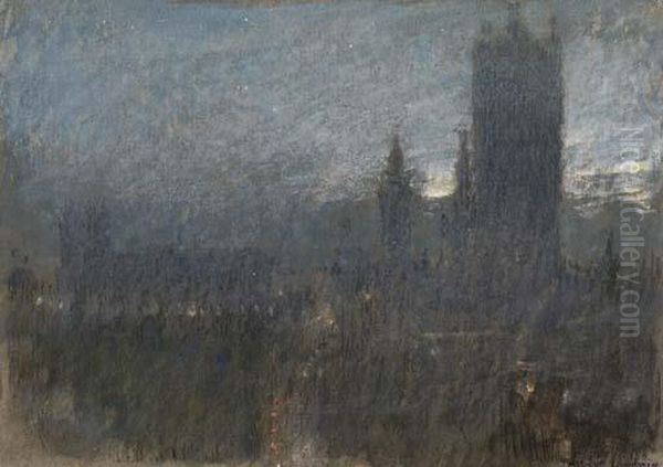 Darkened London, Westminster, Dawn Oil Painting by Albert Goodwin