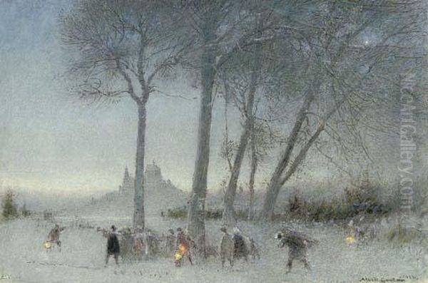 Christmas Eve In The Olden Time Oil Painting by Albert Goodwin