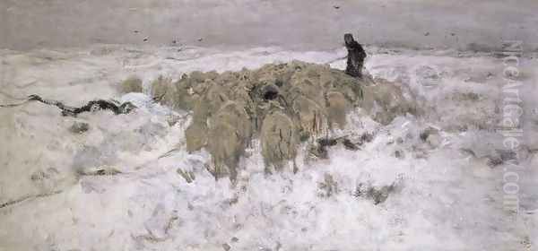 Flock of Sheep in the Snow Oil Painting by Anton Mauve