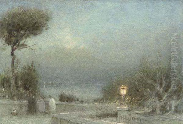 A Garden, Naples And Vesuvius Oil Painting by Albert Goodwin