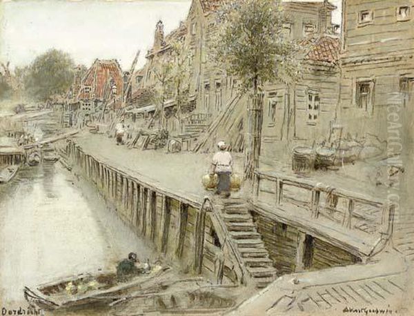 A Canal Scene, Dordrecht, Holland Oil Painting by Albert Goodwin