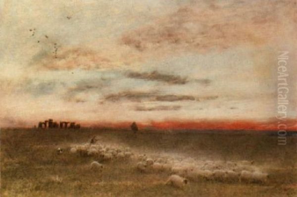 Stonehenge At Dusk Oil Painting by Albert Goodwin