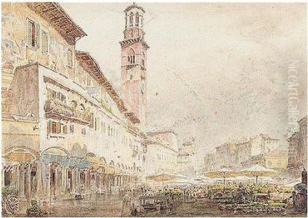 The Flower Market, Piazza Delle Erbe, Verona Oil Painting by Albert Goodwin