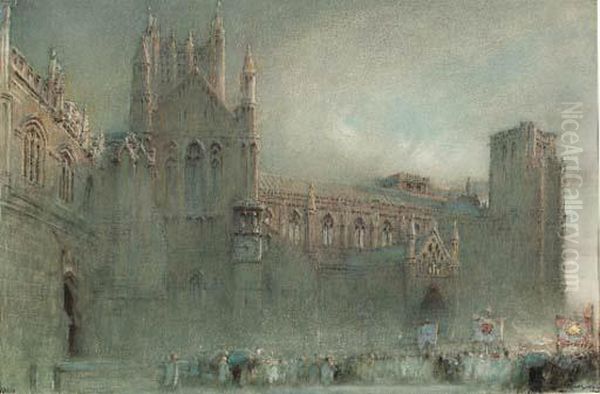 A Procession By The North Porch Of Wells Cathedral, Somerset Oil Painting by Albert Goodwin